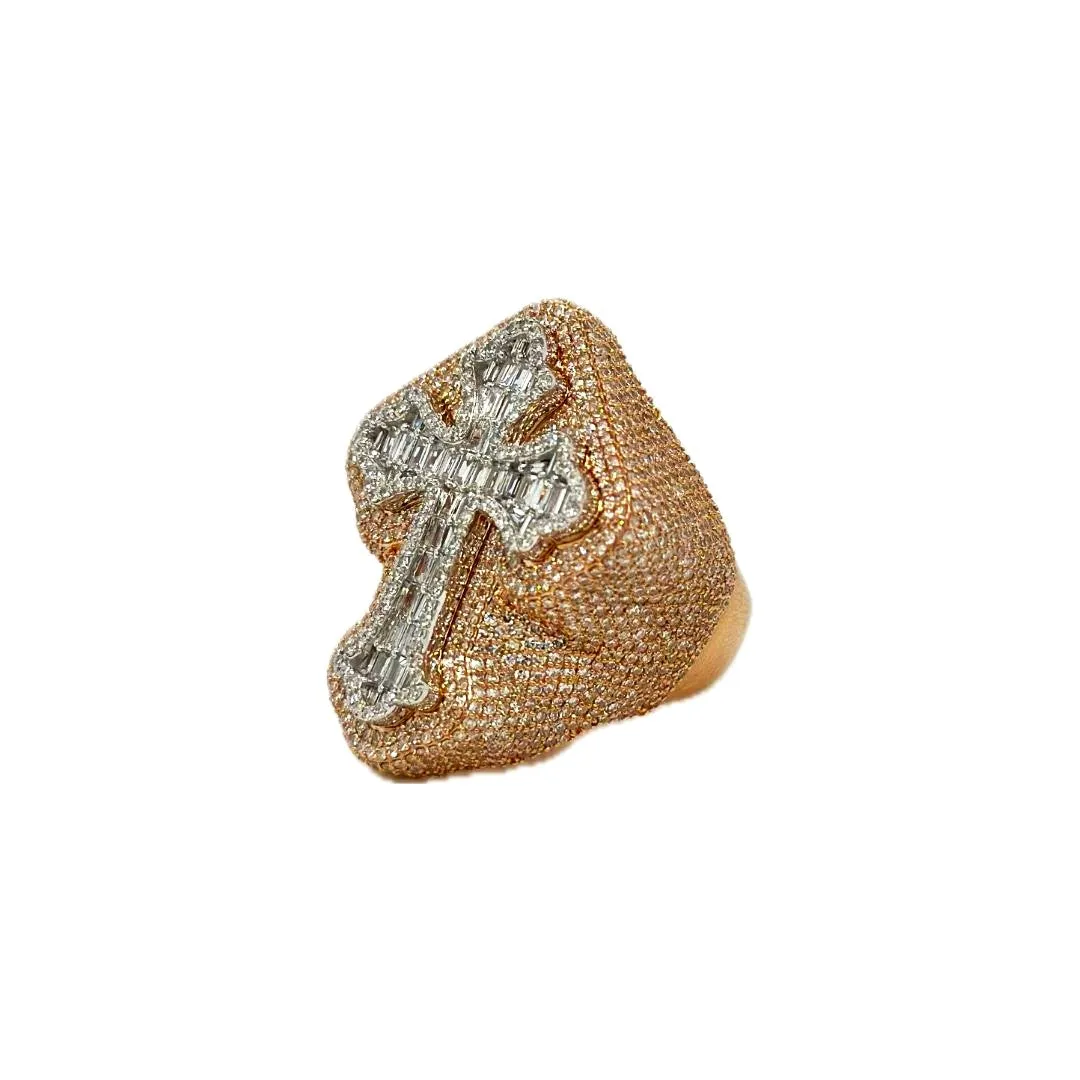 10K Rose White Gold 33MM 3D Gothic Cross Baguette Diamond Ring 4.34 CT