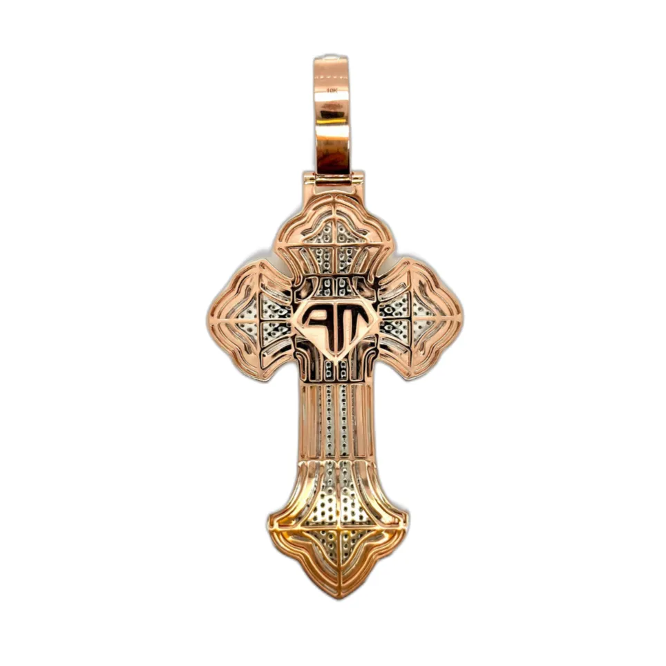 10K Two-Tone Gold Gothic Diamond Cross Pendant 8.35 CT 3.92"