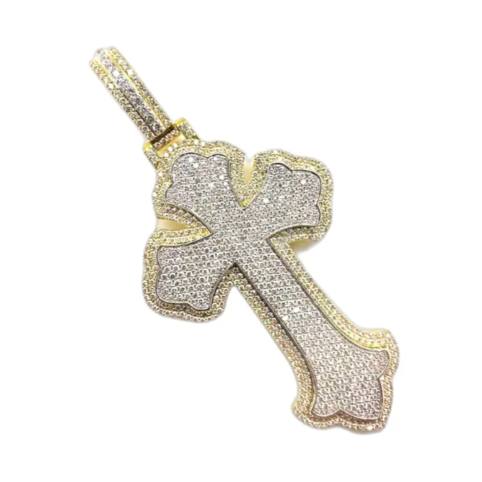 10K Two-Tone Gold Gothic Diamond Cross Pendant 8.41 CT 3.92"
