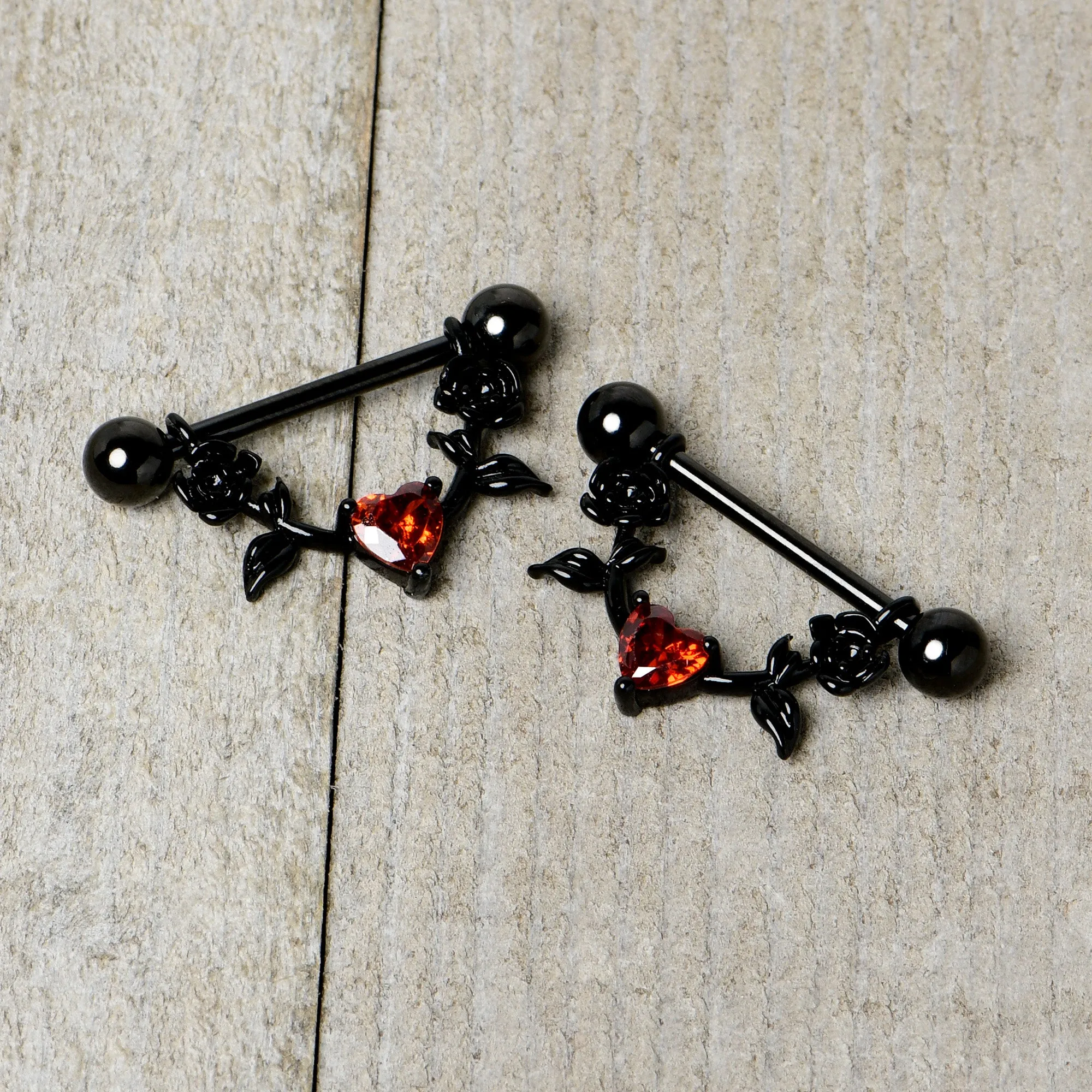 14 Gauge 11/16 Red CZ Gem Black Heart Flower Dangle Nipple Ring Set