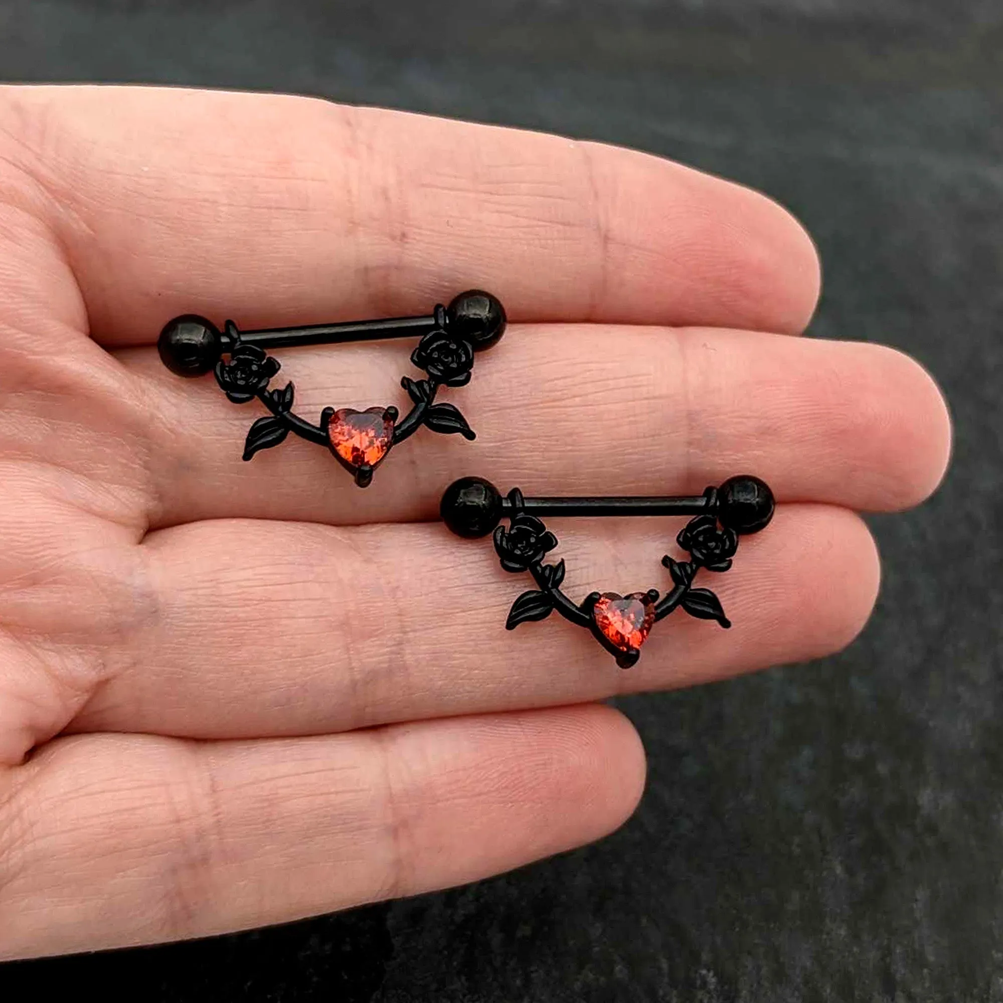 14 Gauge 11/16 Red CZ Gem Black Heart Flower Dangle Nipple Ring Set