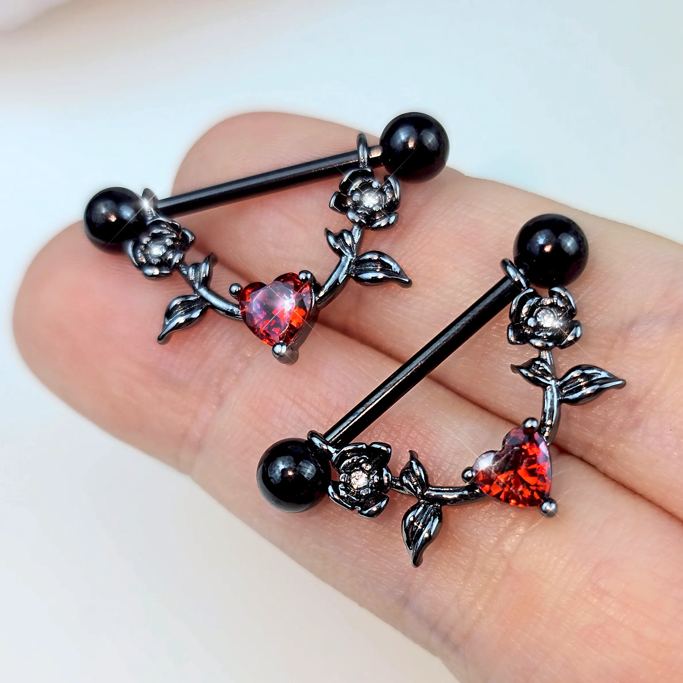14 Gauge 11/16 Red CZ Gem Black Heart Flower Dangle Nipple Ring Set
