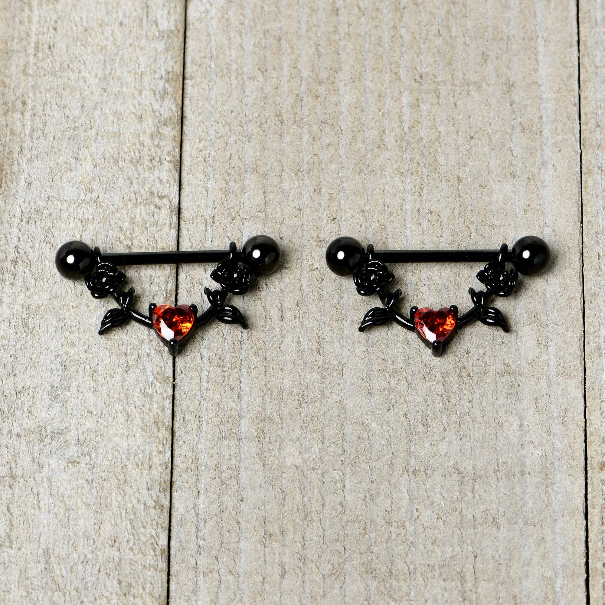 14 Gauge 11/16 Red CZ Gem Black Heart Flower Dangle Nipple Ring Set