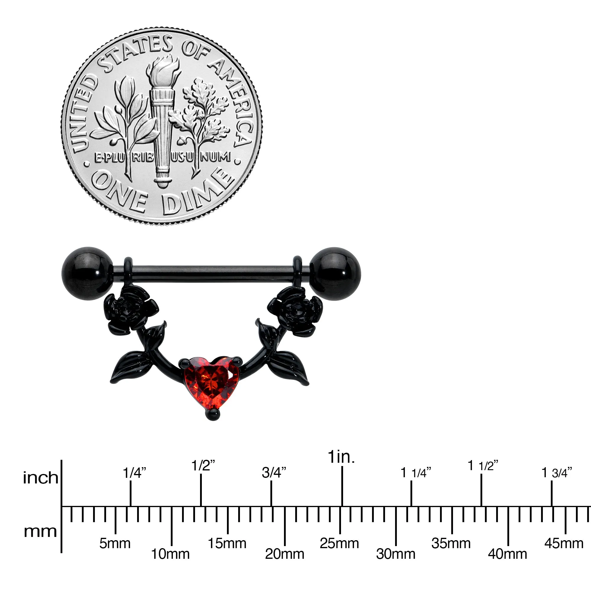 14 Gauge 11/16 Red CZ Gem Black Heart Flower Dangle Nipple Ring Set