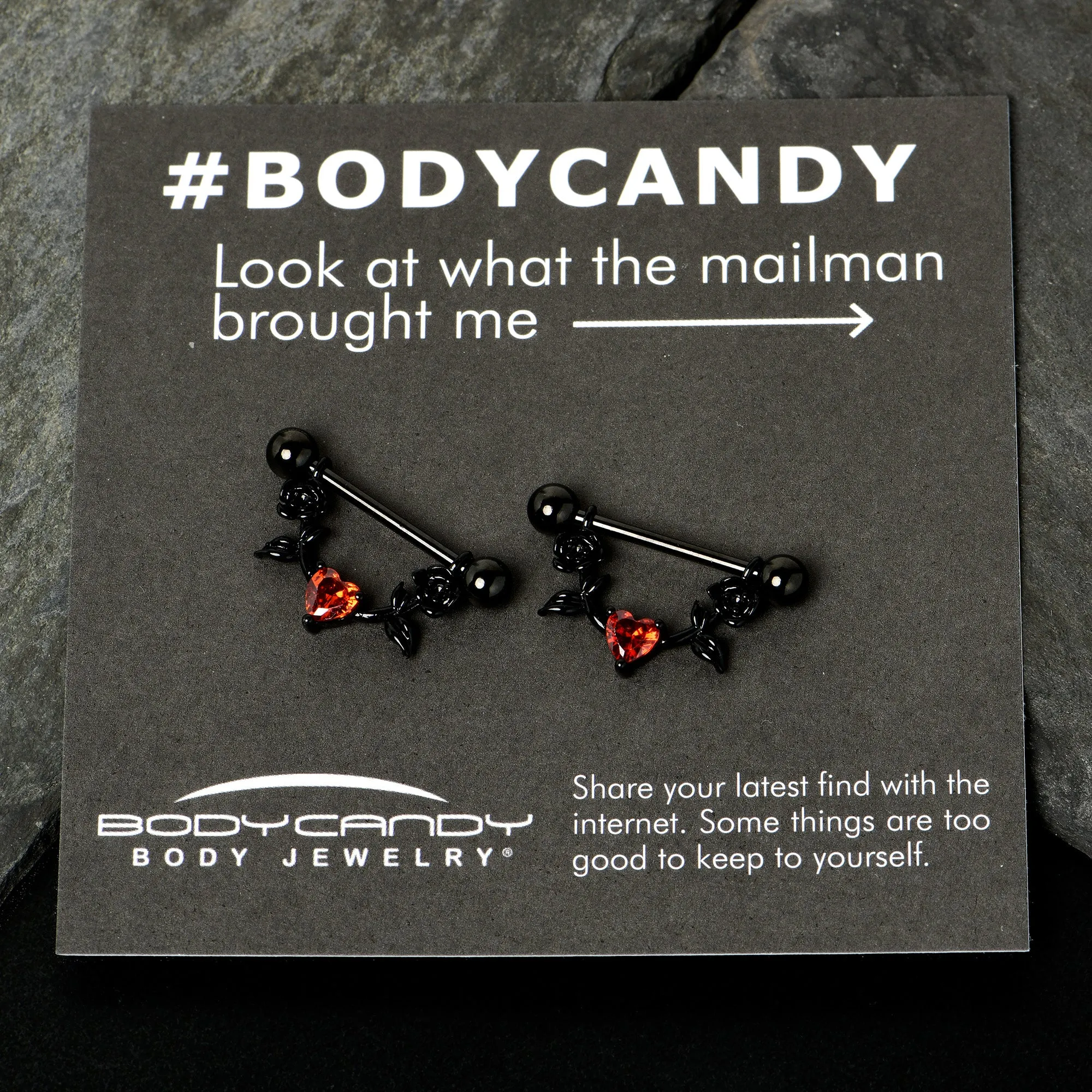 14 Gauge 11/16 Red CZ Gem Black Heart Flower Dangle Nipple Ring Set