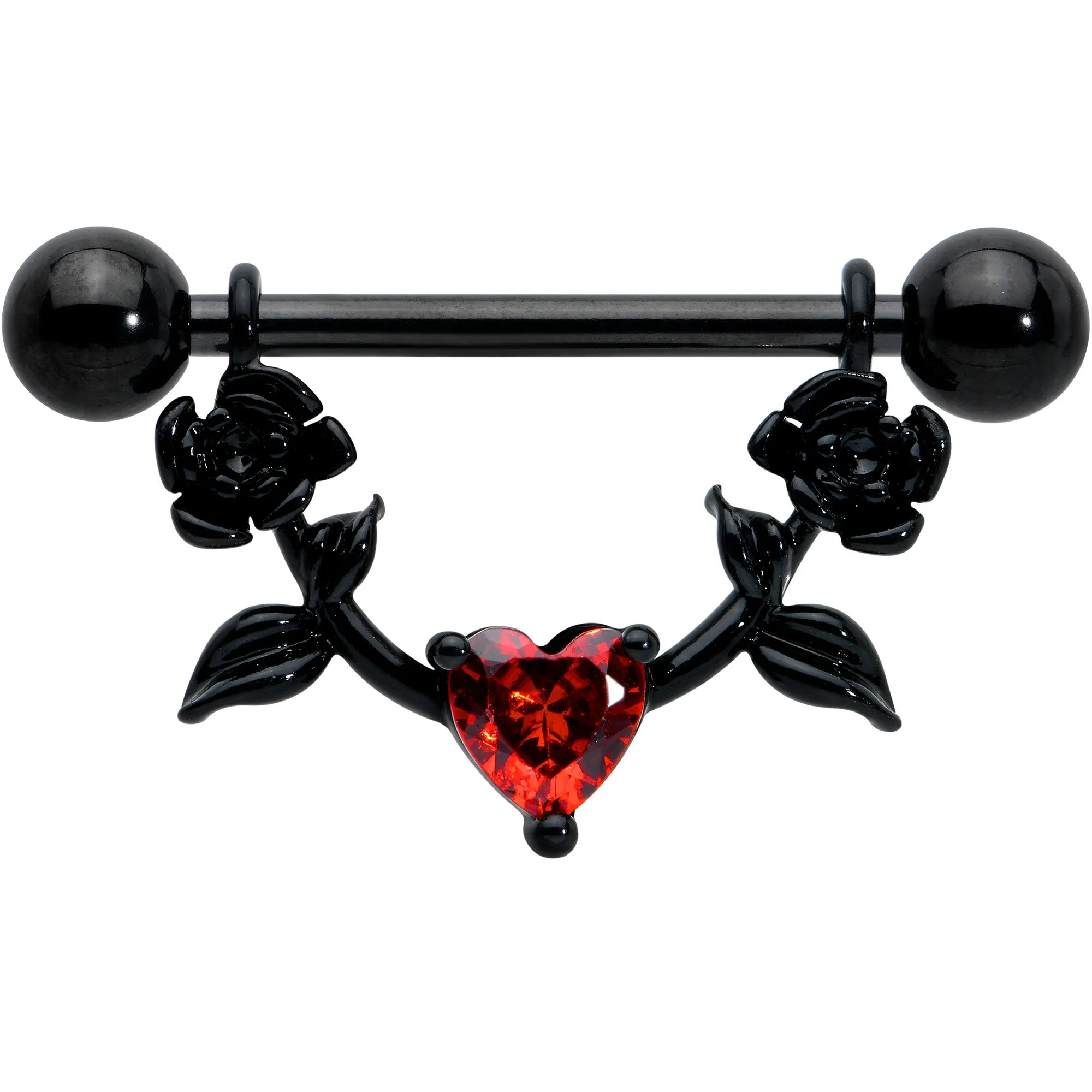 14 Gauge 11/16 Red CZ Gem Black Heart Flower Dangle Nipple Ring Set