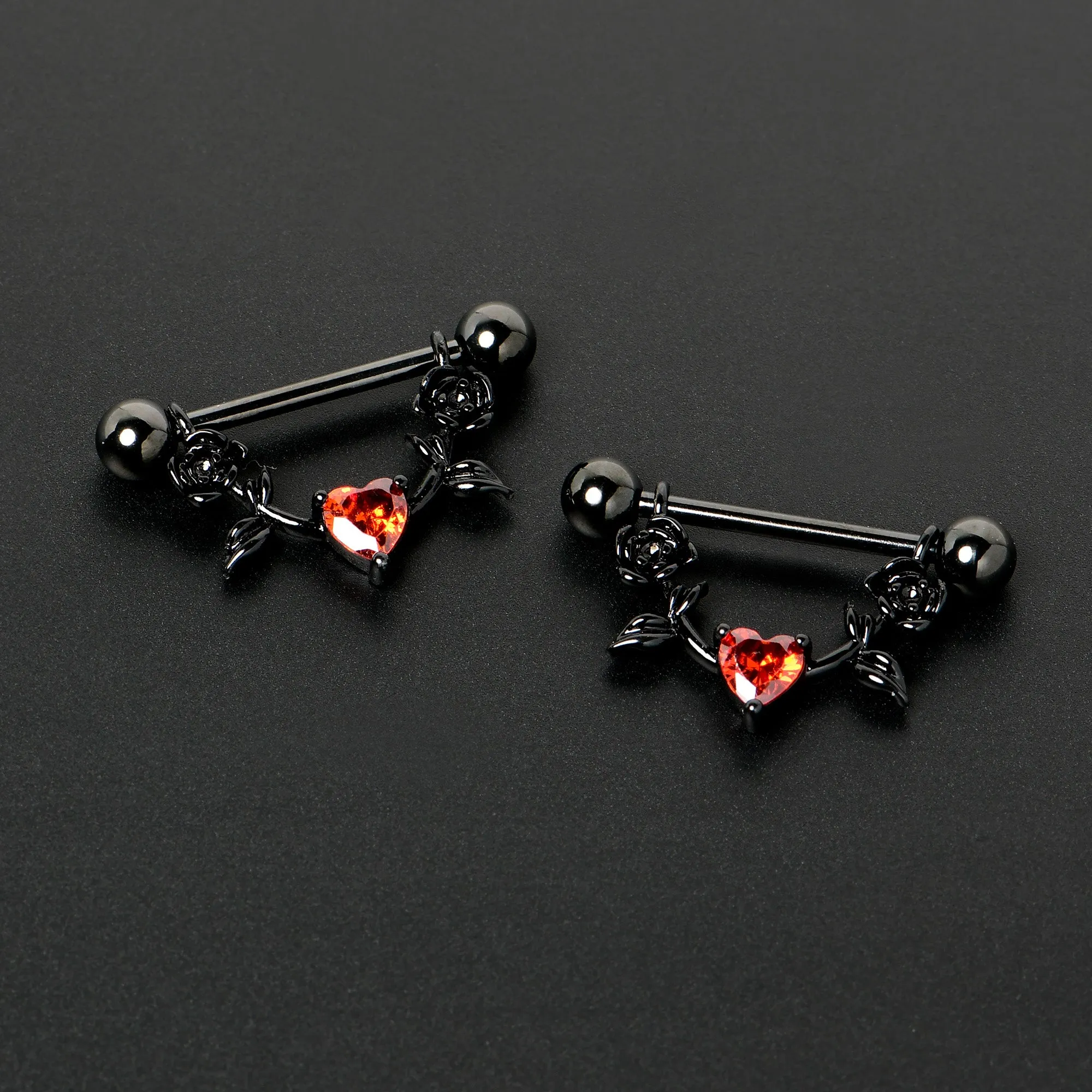 14 Gauge 11/16 Red CZ Gem Black Heart Flower Dangle Nipple Ring Set