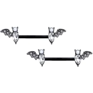 14 Gauge 9/16 Clear Gem Black Bat Halloween Barbell Nipple Ring Set