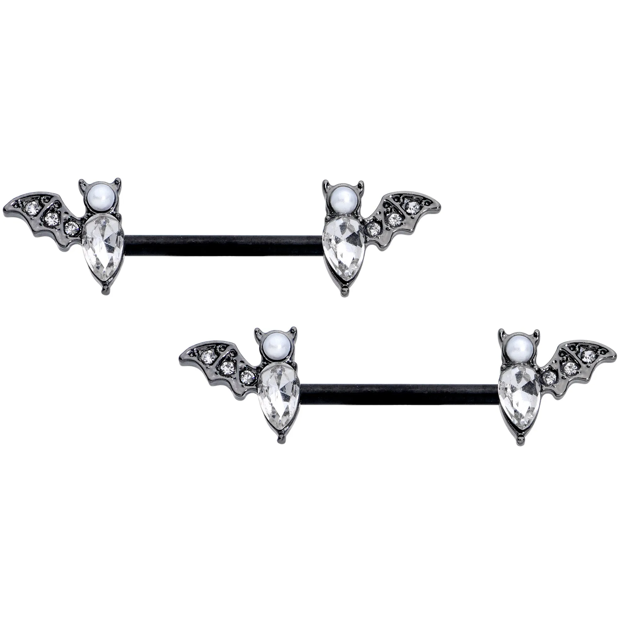 14 Gauge 9/16 Clear Gem Black Bat Halloween Barbell Nipple Ring Set