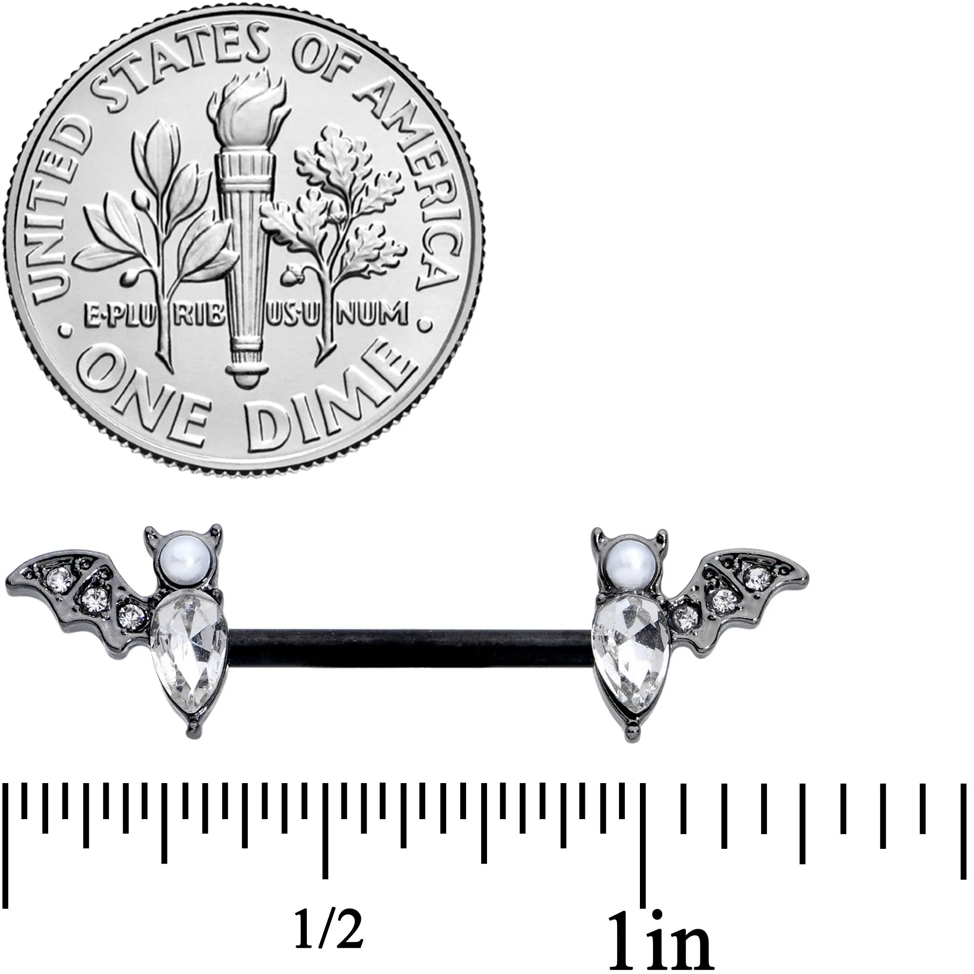 14 Gauge 9/16 Clear Gem Black Bat Halloween Barbell Nipple Ring Set