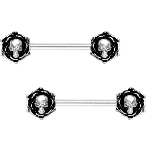 14 Gauge 9/16 Clear Gem Skull Rose Flower Barbell Nipple Ring Set