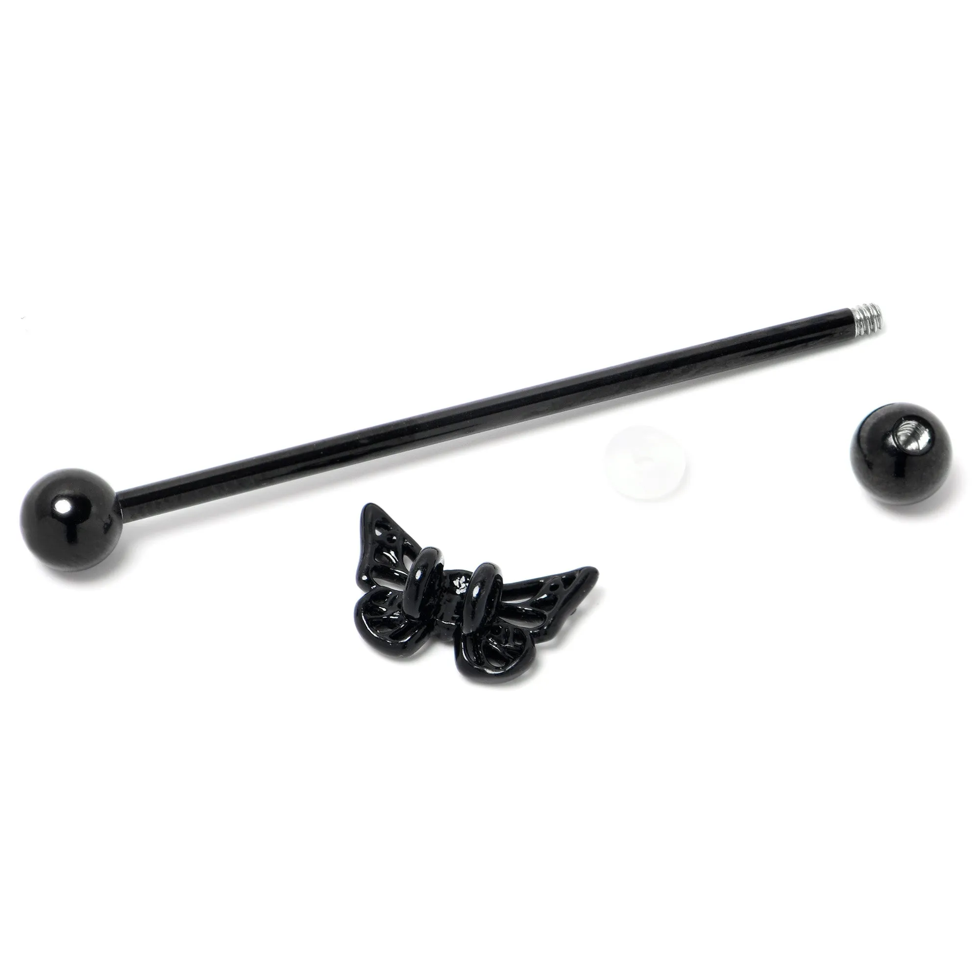 14 Gauge Purple CZ Gem Black Skull Butterfly Industrial Barbell 38mm