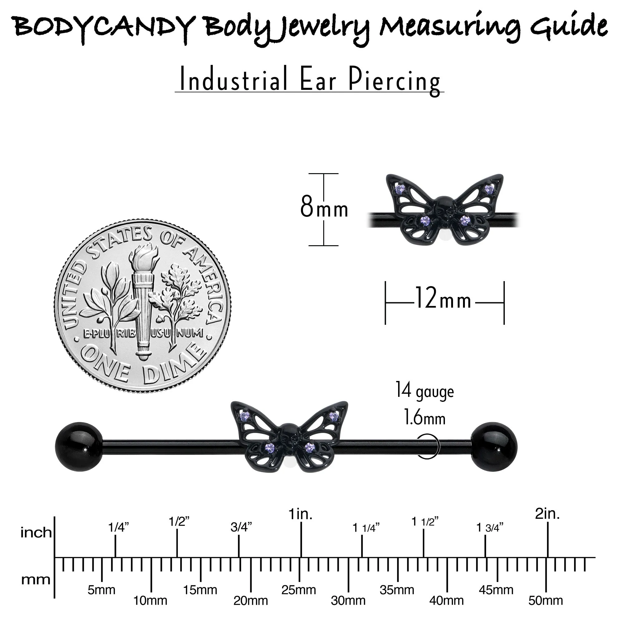 14 Gauge Purple CZ Gem Black Skull Butterfly Industrial Barbell 38mm