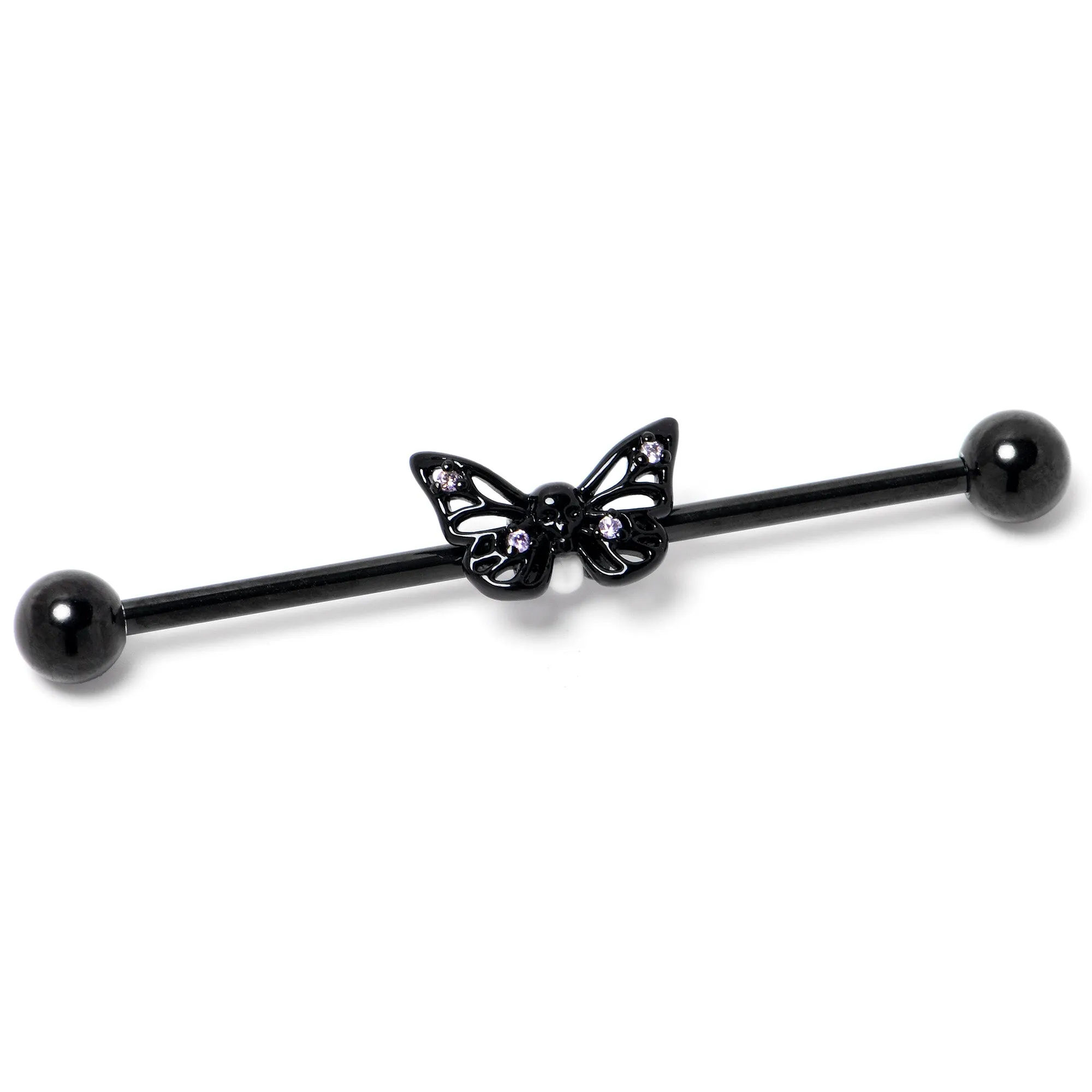 14 Gauge Purple CZ Gem Black Skull Butterfly Industrial Barbell 38mm