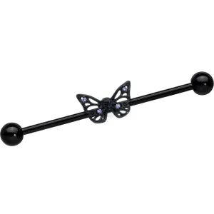 14 Gauge Purple CZ Gem Black Skull Butterfly Industrial Barbell 38mm