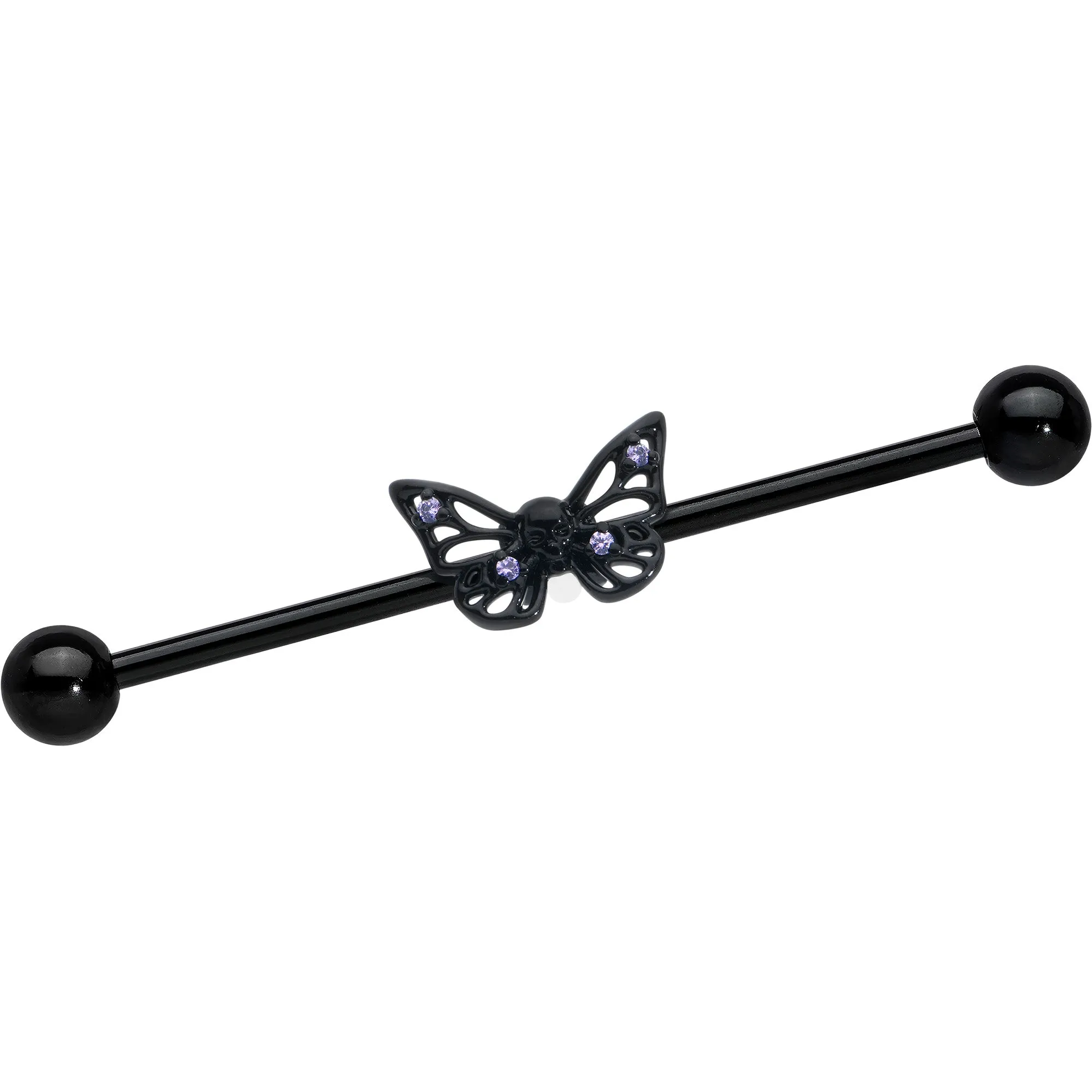 14 Gauge Purple CZ Gem Black Skull Butterfly Industrial Barbell 38mm