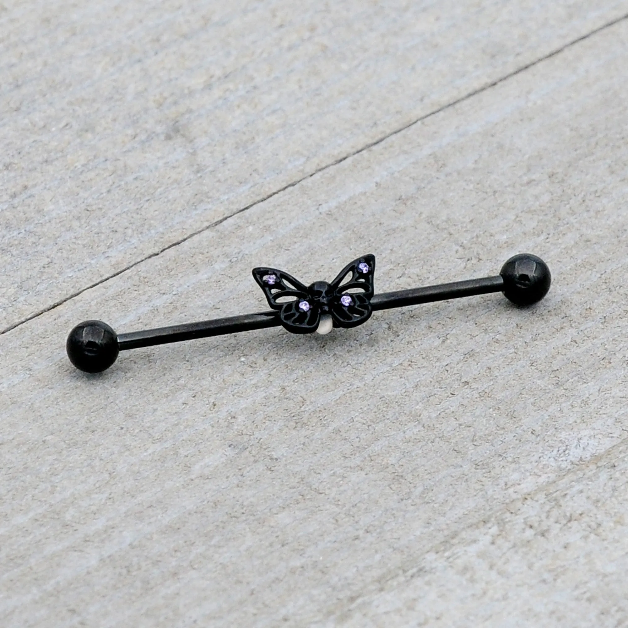 14 Gauge Purple CZ Gem Black Skull Butterfly Industrial Barbell 38mm