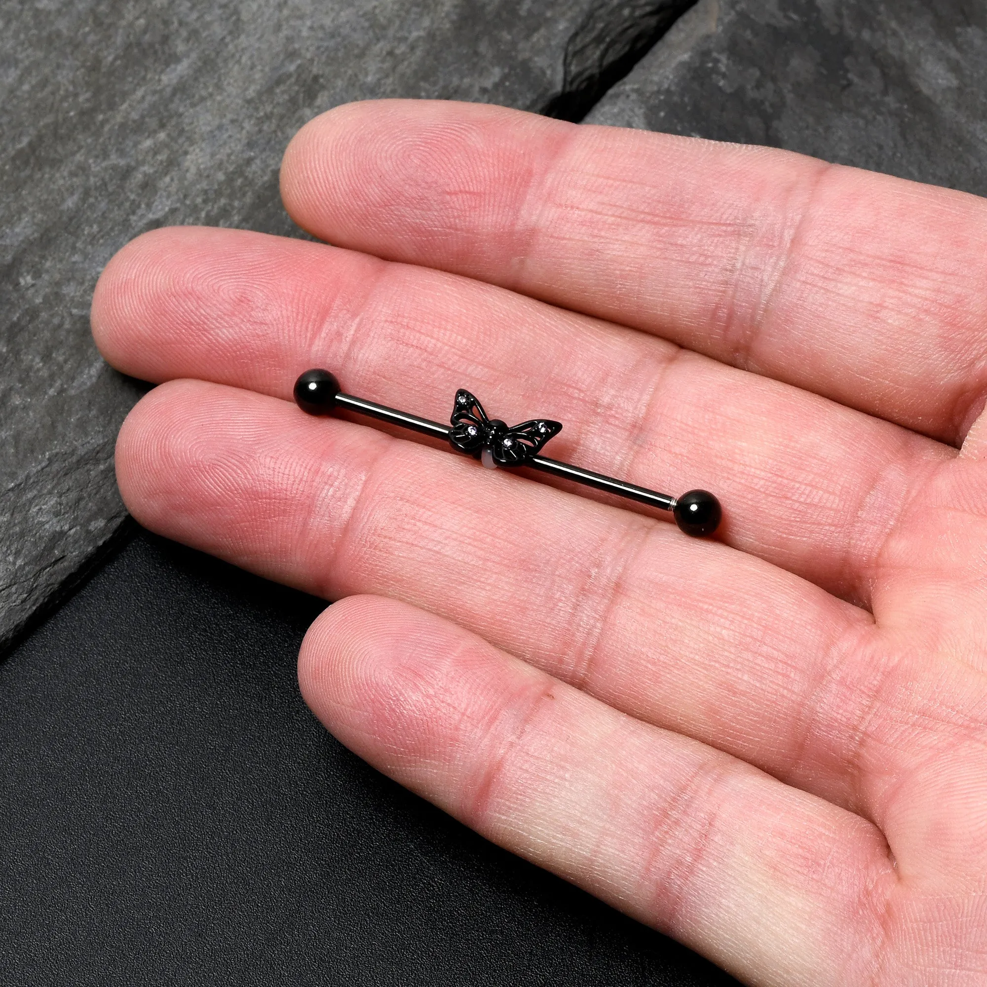 14 Gauge Purple CZ Gem Black Skull Butterfly Industrial Barbell 38mm