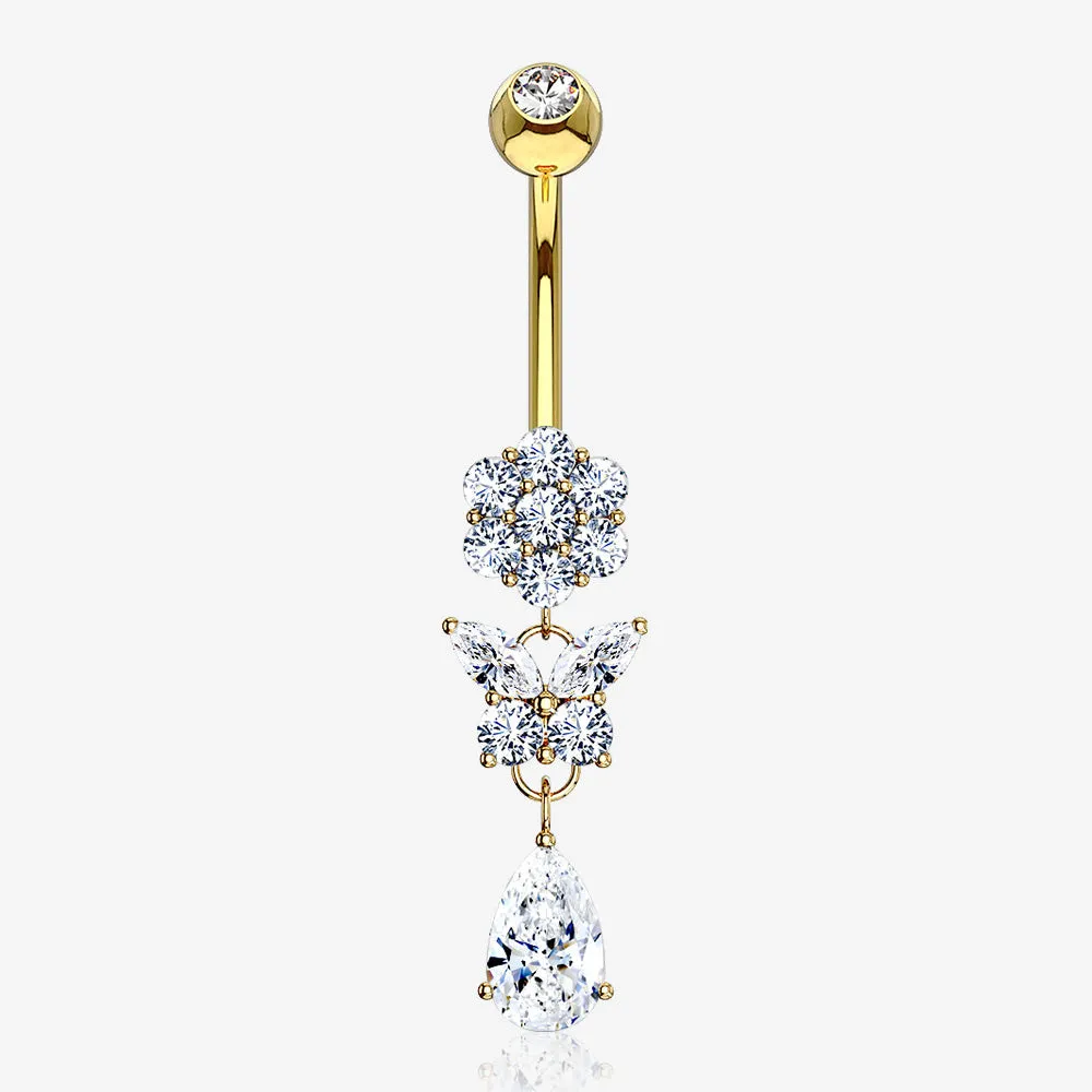 14 Karat Gold Butterfly Teardrop Sparkle Flower Belly Button Ring