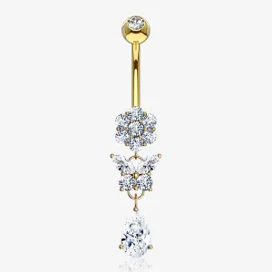 14 Karat Gold Butterfly Teardrop Sparkle Flower Belly Button Ring
