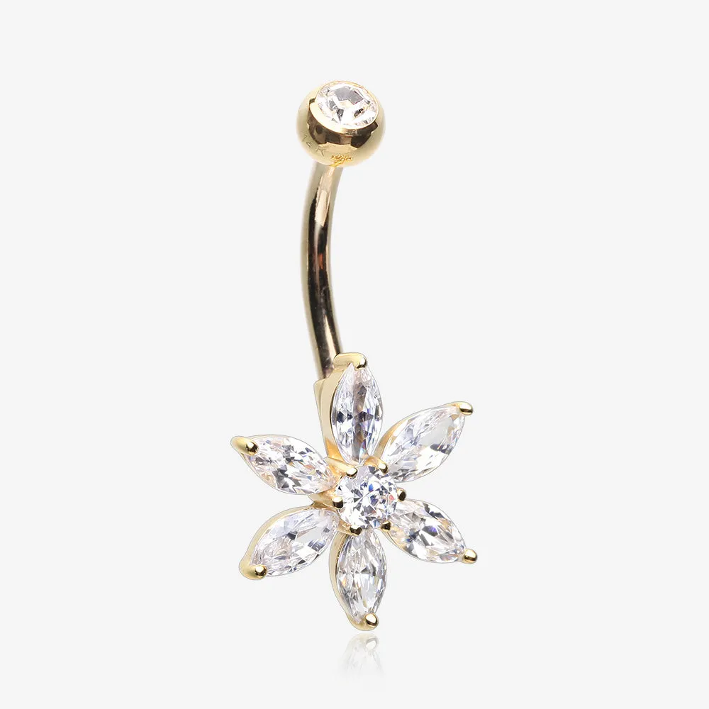 14 Karat Gold Marquise Cut Sparkle Prong Set Flower Belly Button Ring