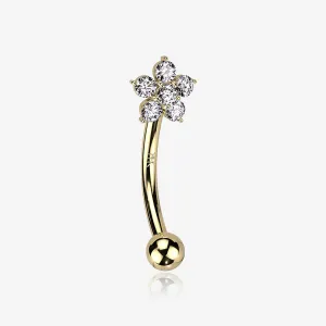 14 Karat Gold Prong Set Brilliant Flower Gem Sparkle Curved Barbell