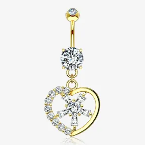 14 Karat Gold Sparkle Floral Ray Heart Belly Button Ring
