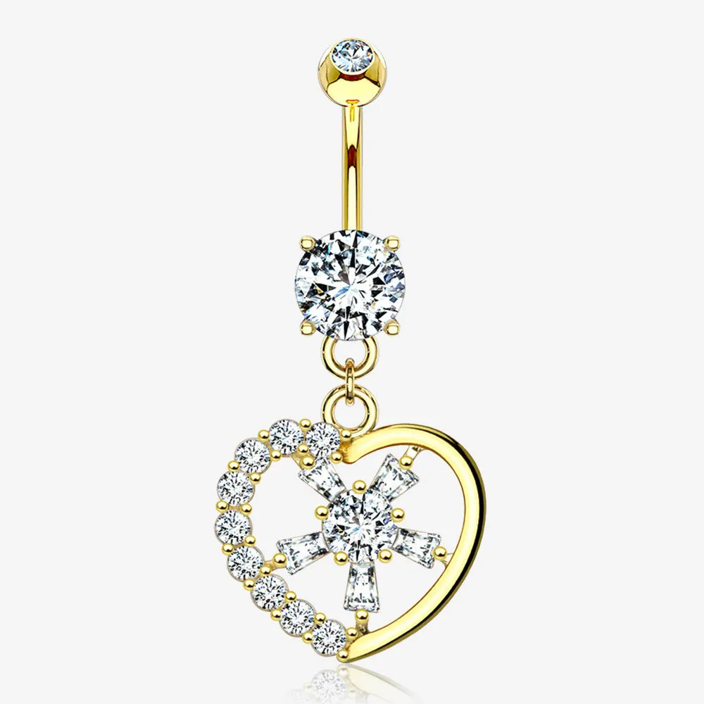 14 Karat Gold Sparkle Floral Ray Heart Belly Button Ring