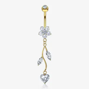 14 Karat Gold Spring Flower Vine Sparkle Dangle Belly Button Ring