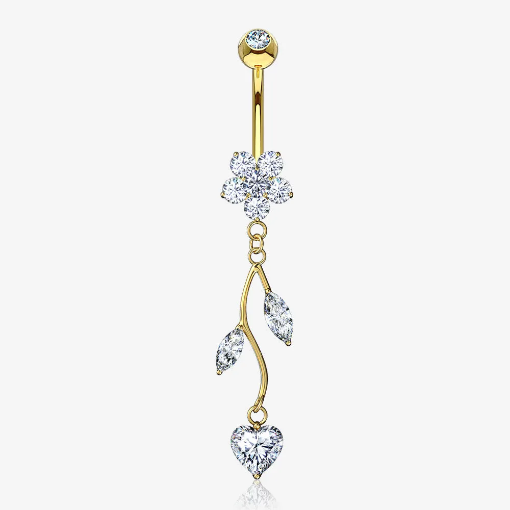 14 Karat Gold Spring Flower Vine Sparkle Dangle Belly Button Ring