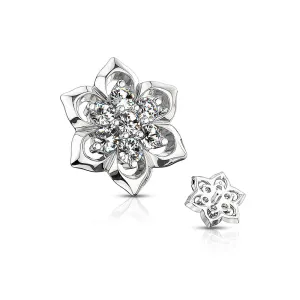 14 Karat White Gold Brilliant Sparkle Lotus Flower Dermal Anchor Top Part