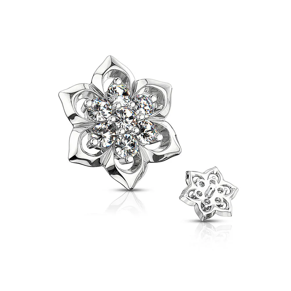 14 Karat White Gold Brilliant Sparkle Lotus Flower Dermal Anchor Top Part