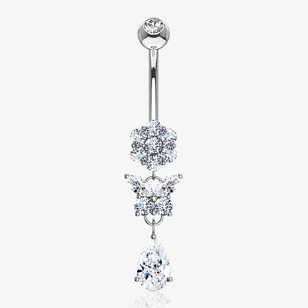 14 Karat White Gold Butterfly Teardrop Sparkle Flower Belly Button Ring