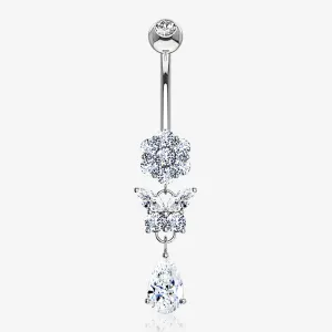14 Karat White Gold Butterfly Teardrop Sparkle Flower Belly Button Ring