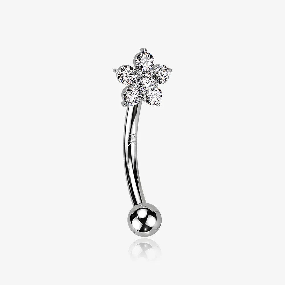 14 Karat White Gold Prong Set Brilliant Flower Gem Sparkle Curved Barbell