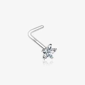 14 Karat White Gold Prong Set Star Gem Top L-Shaped Nose Ring