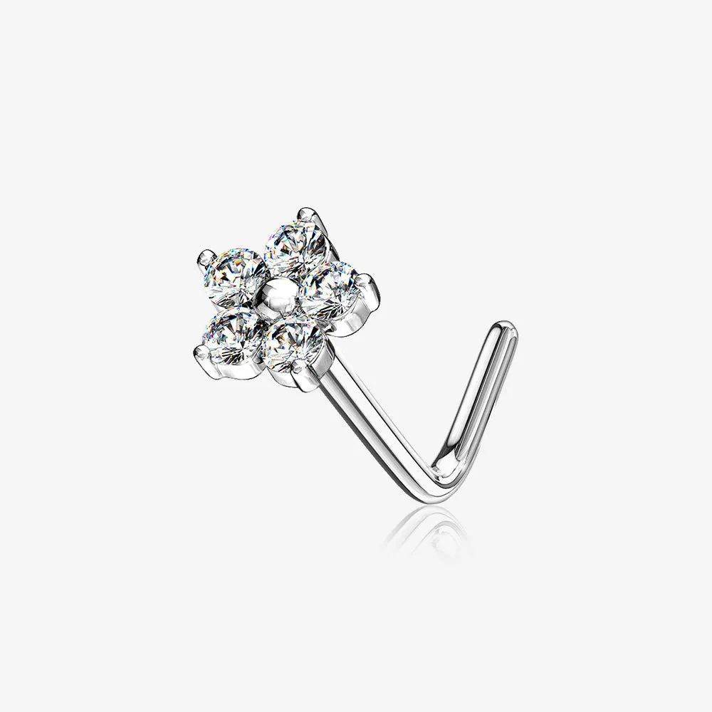 14 Karat White Gold Spring Flower Sparkle L-Shaped Nose Ring