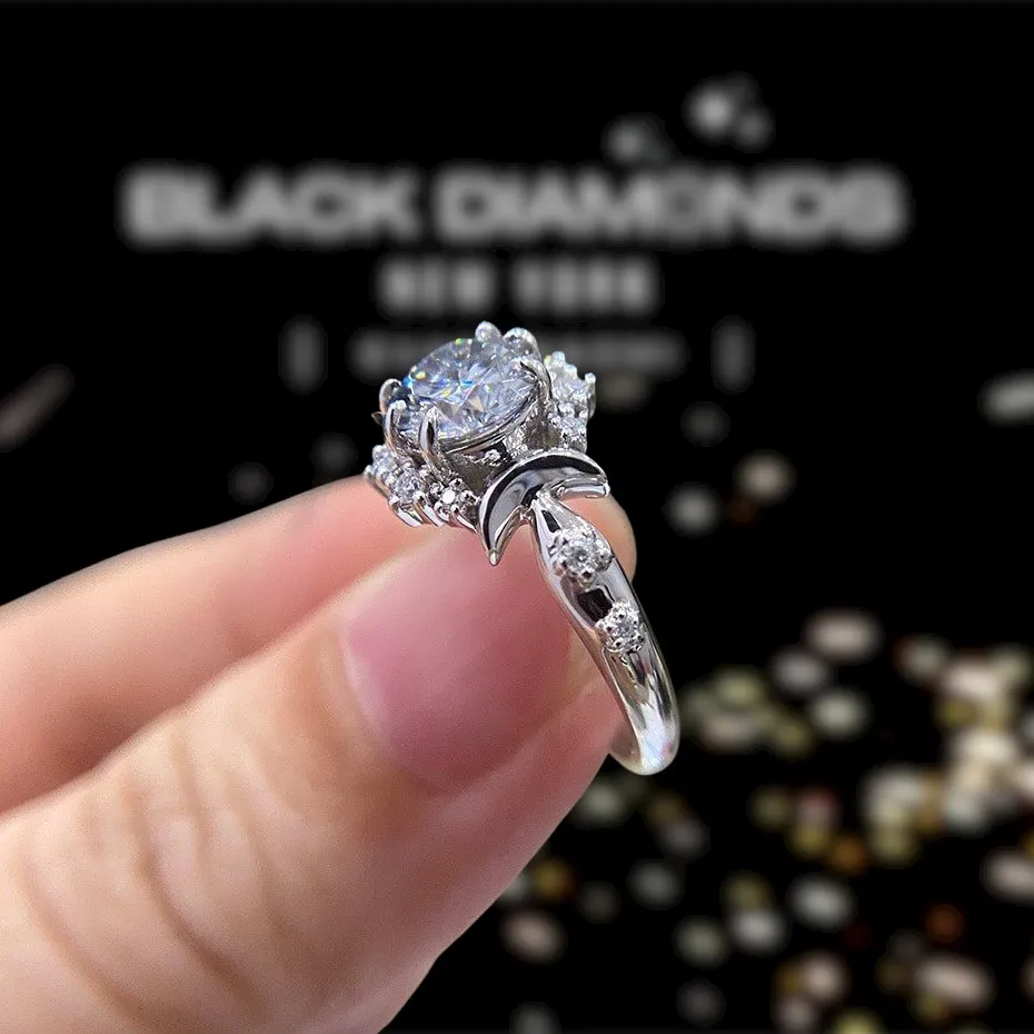 14k White Gold Crescent Moon Ring with 1.0 Ct Round Cut Grey Diamond