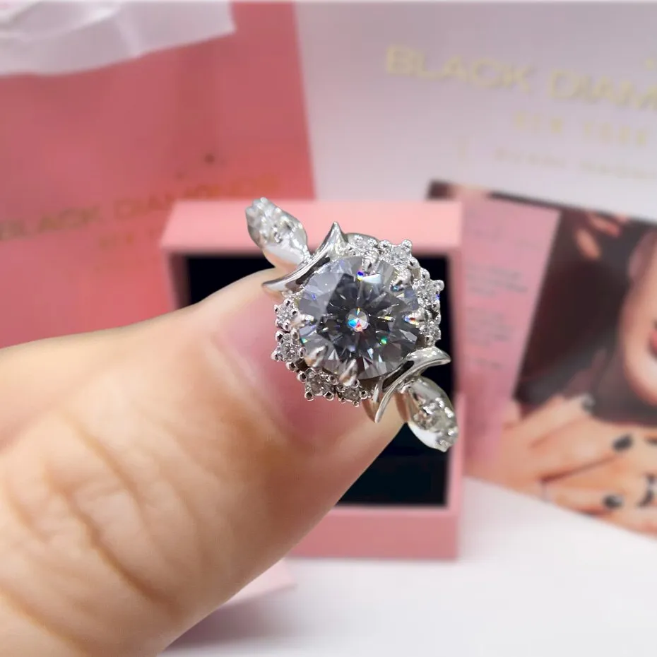 14k White Gold Crescent Moon Ring with 1.0 Ct Round Cut Grey Diamond