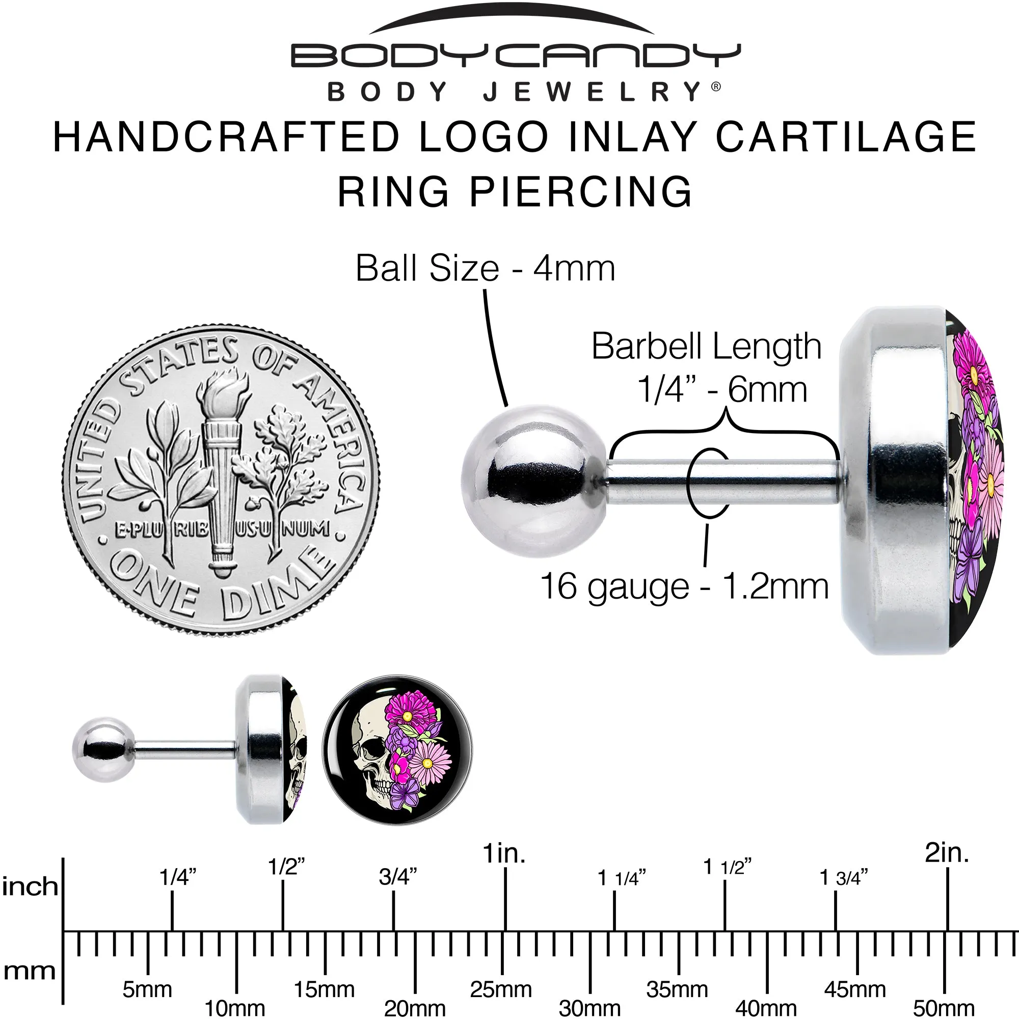 16 Gauge 1/4 Floral Flowers Skull Cartilage Tragus Earring