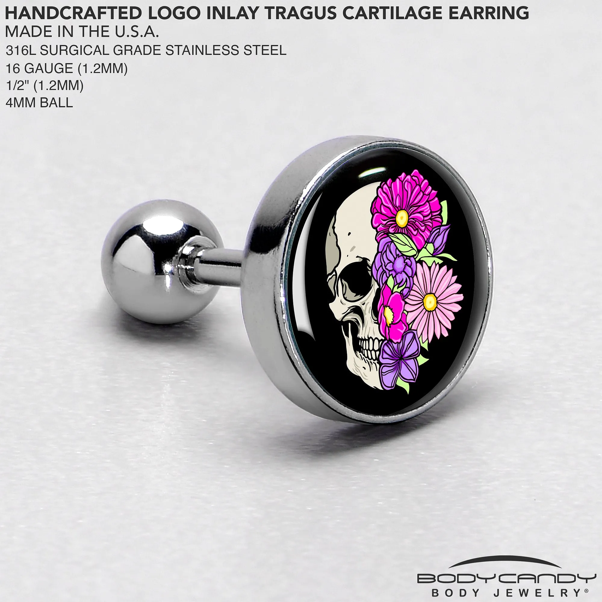 16 Gauge 1/4 Floral Flowers Skull Cartilage Tragus Earring