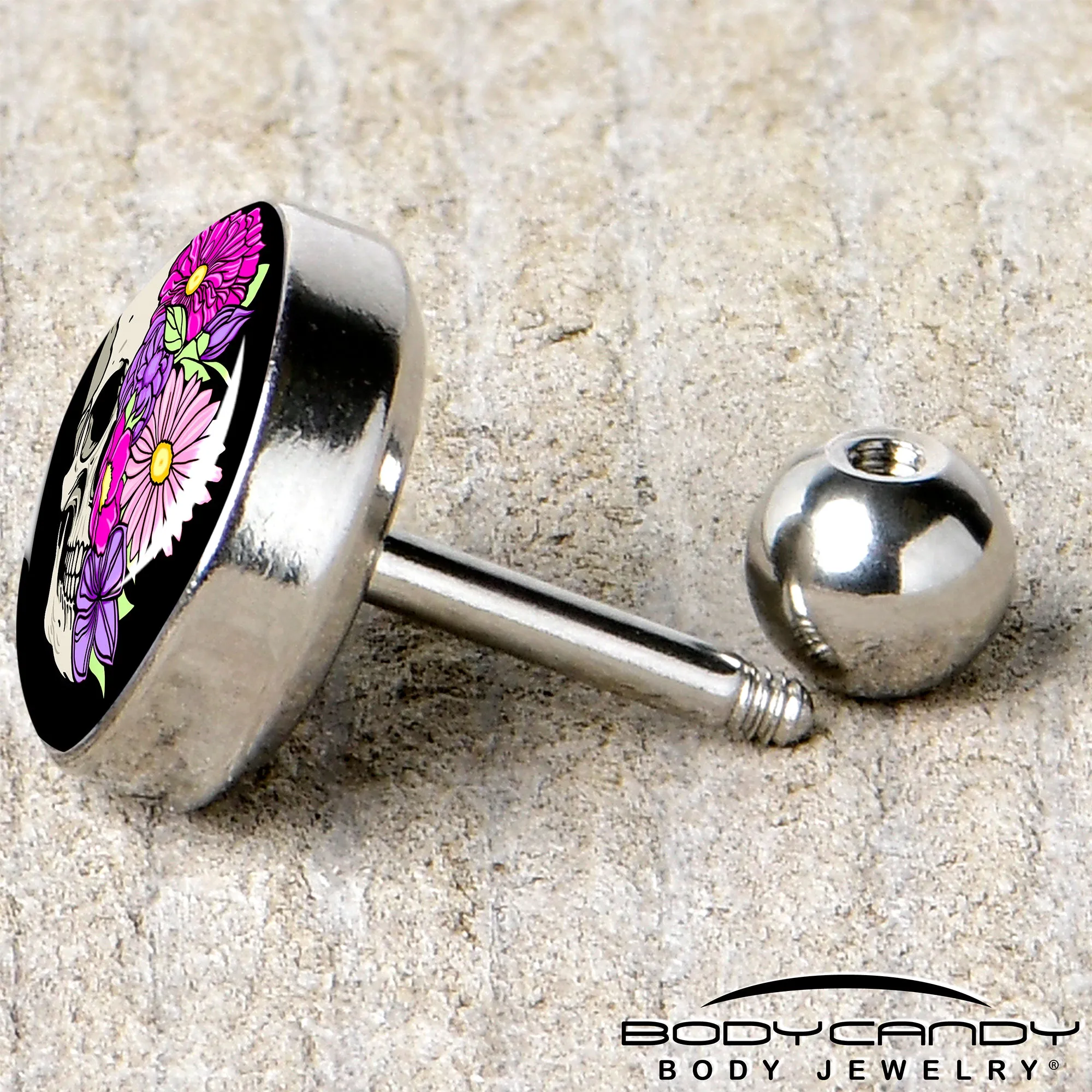 16 Gauge 1/4 Floral Flowers Skull Cartilage Tragus Earring