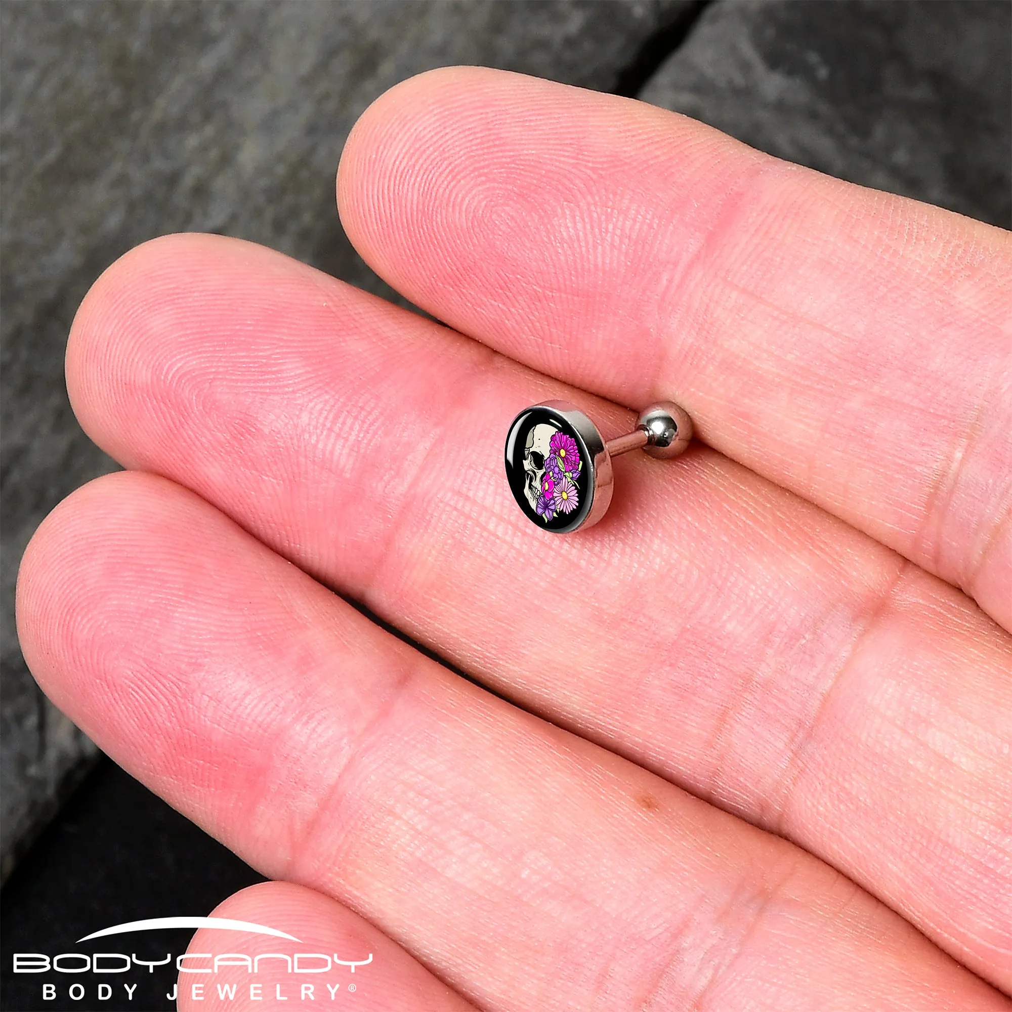 16 Gauge 1/4 Floral Flowers Skull Cartilage Tragus Earring