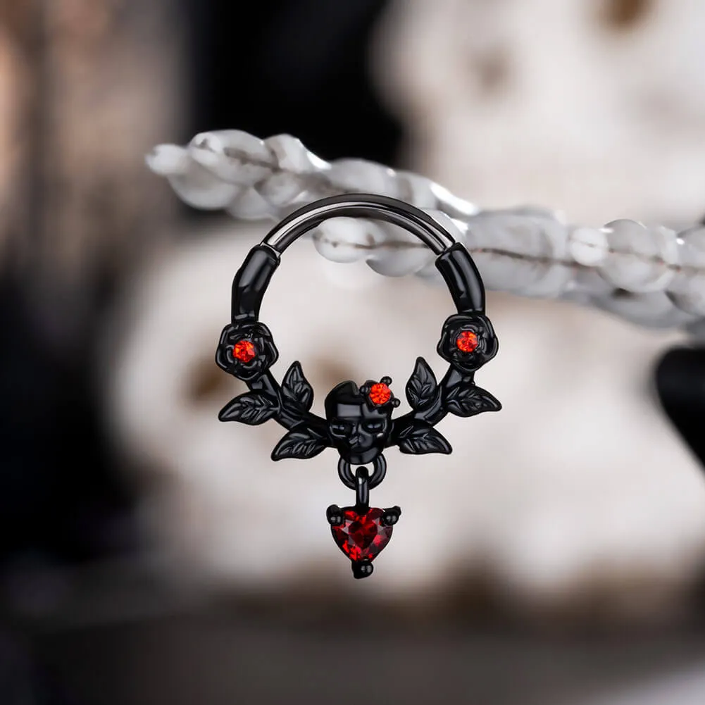 16G Rose Leaves Skull Head Red Gem Dangle Septum Ring Daith Earring