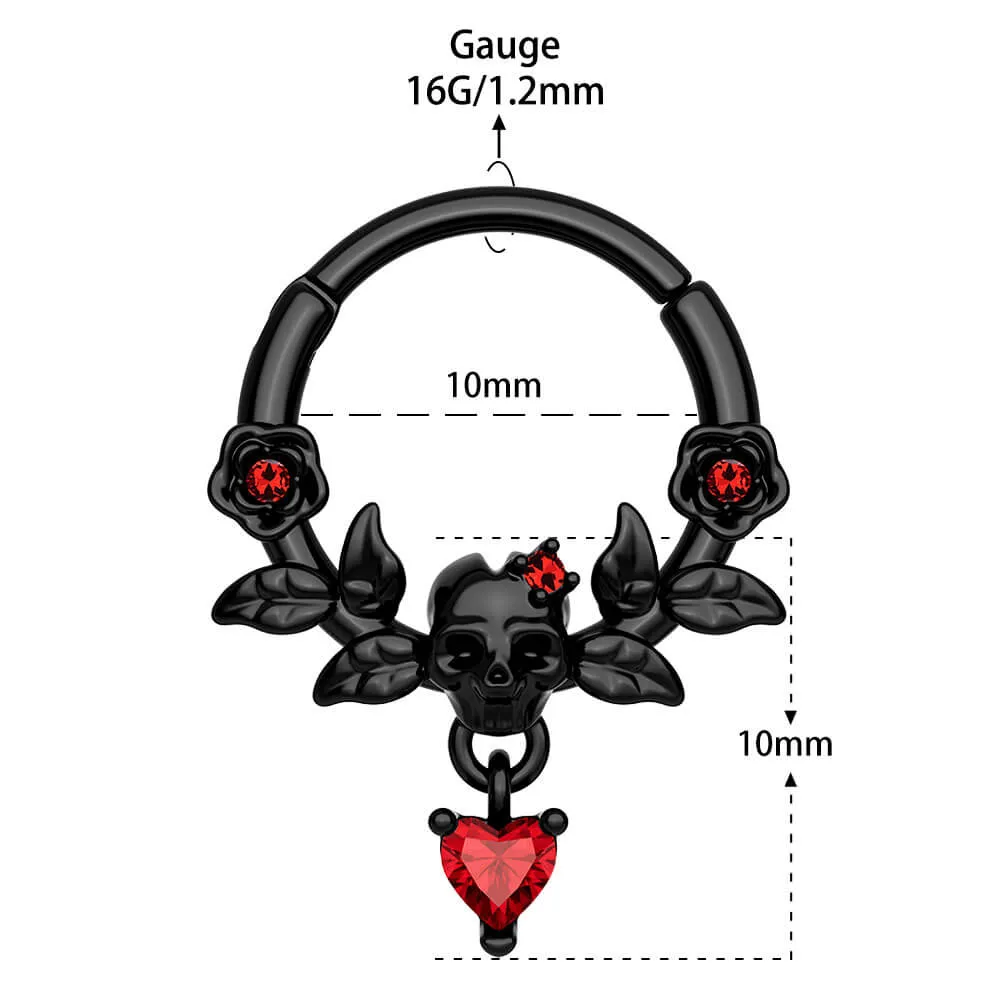 16G Rose Leaves Skull Head Red Gem Dangle Septum Ring Daith Earring
