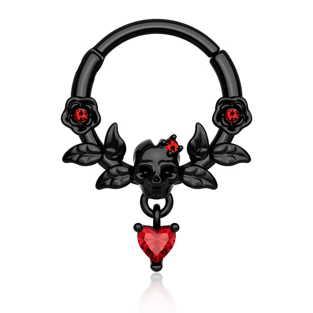16G Rose Leaves Skull Head Red Gem Dangle Septum Ring Daith Earring