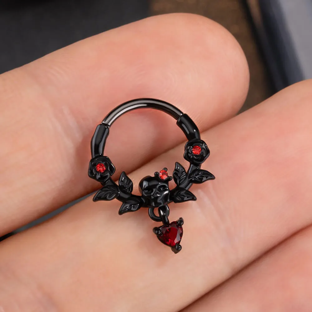 16G Rose Leaves Skull Head Red Gem Dangle Septum Ring Daith Earring