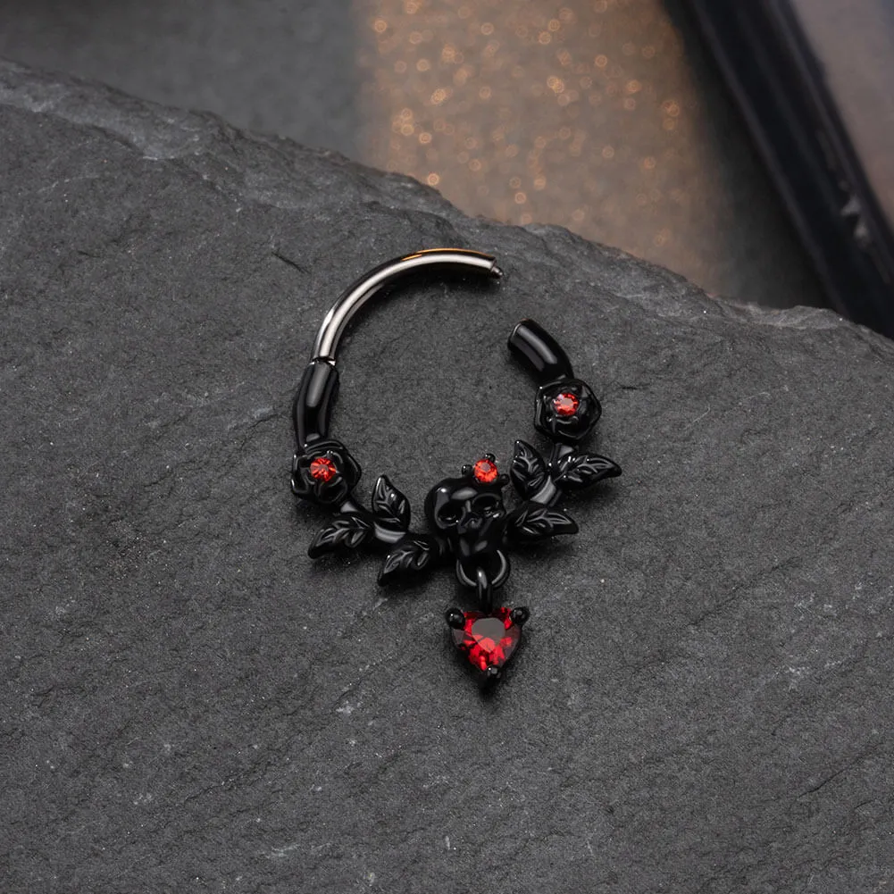 16G Rose Leaves Skull Head Red Gem Dangle Septum Ring Daith Earring