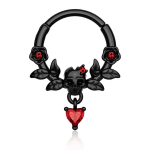 16G Rose Leaves Skull Head Red Gem Dangle Septum Ring Daith Earring