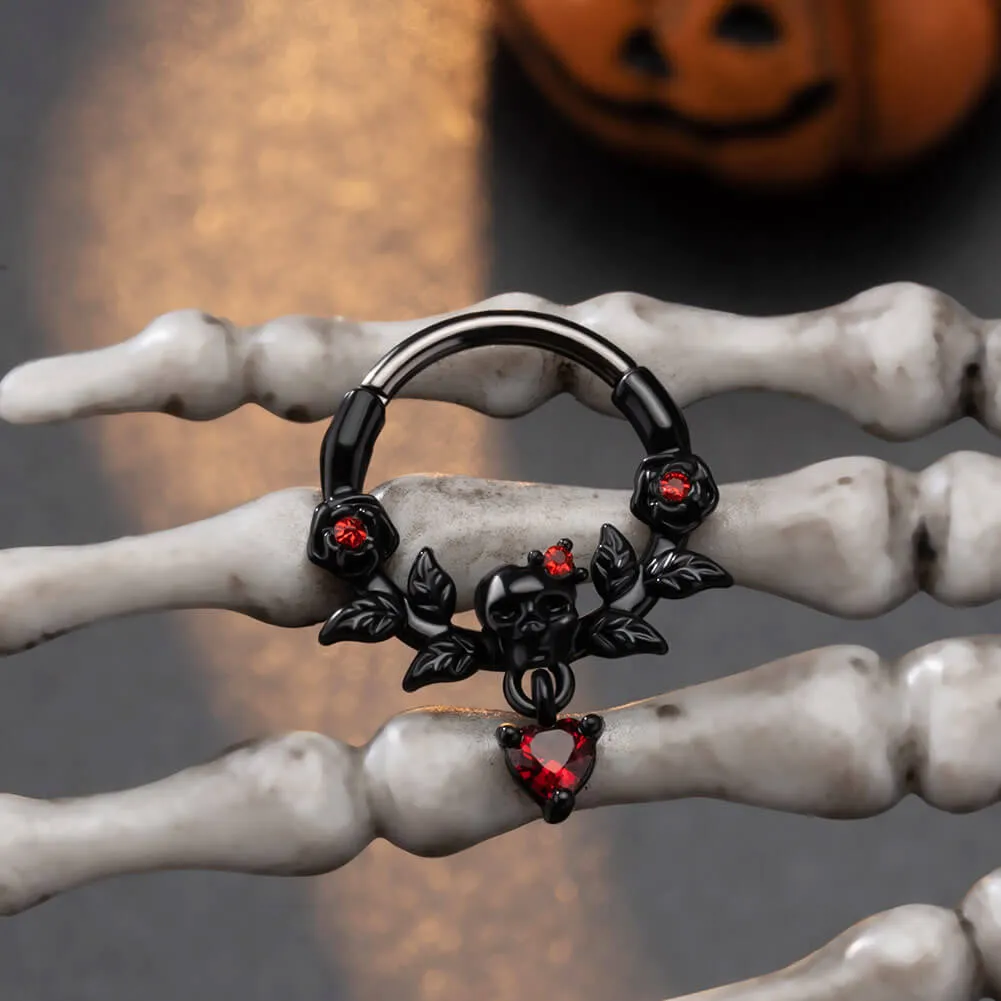 16G Rose Leaves Skull Head Red Gem Dangle Septum Ring Daith Earring